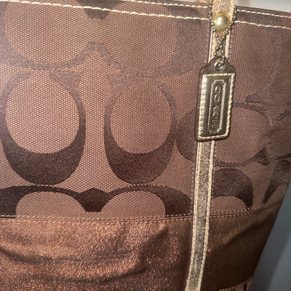 COACH Signature Stripe Tote Bag Brown Canvas Metallic Copper Trim Handbag - Picture 13 of 13